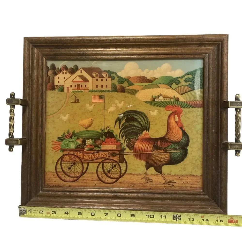 VTG Charles Wysocki Rooster Express Wood Lacquered Service Tray Wall Art Cottage
